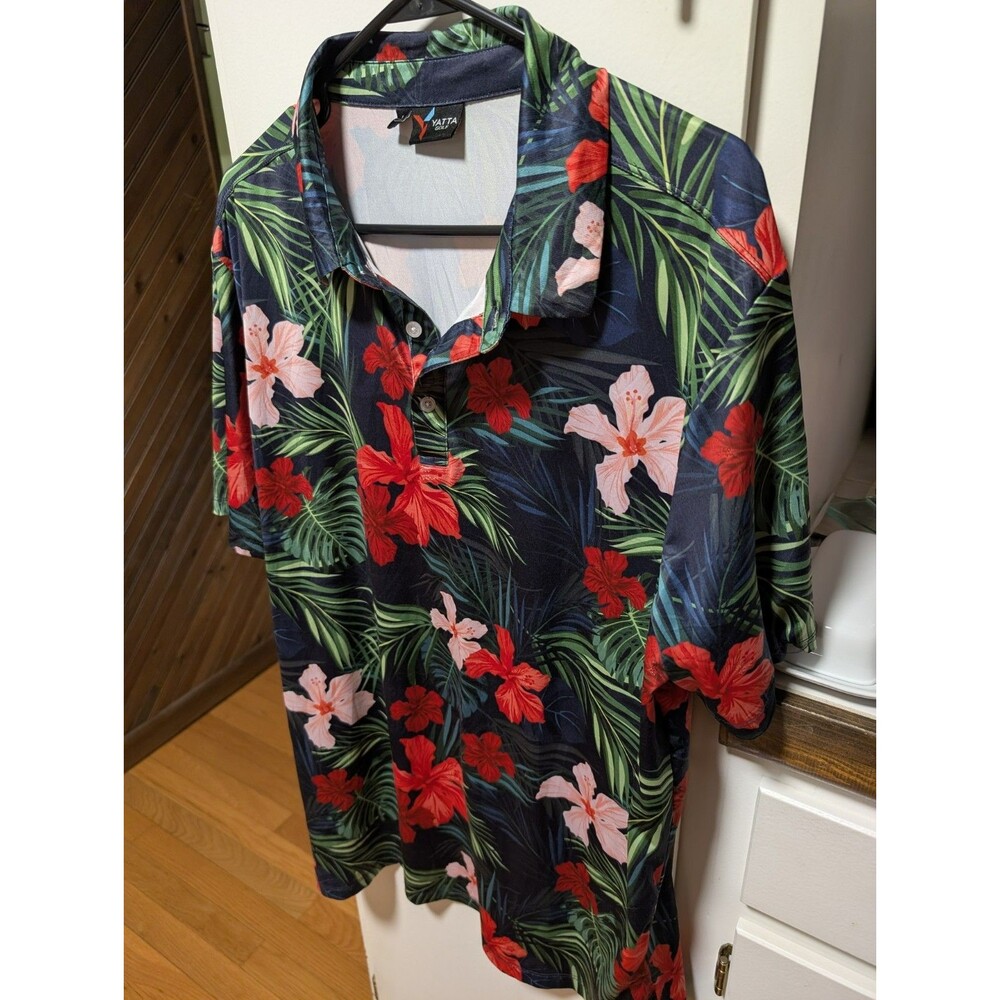 Yatta Golf Mens Jungle Hibiscus Polo Shirt L Blue Tropical Floral
